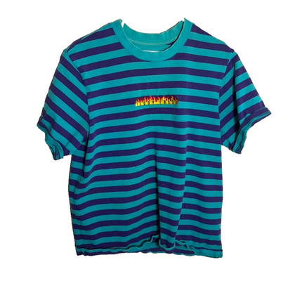 Teddy Fresh T-Shirt Medium Striped Short Sleeve Logo Embroidered Flames Top