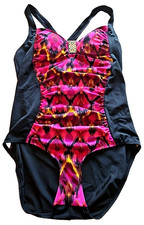 Contour Womens Sz 16 Black Pink Print Embellished One Piece Swimsuit Soft Cup