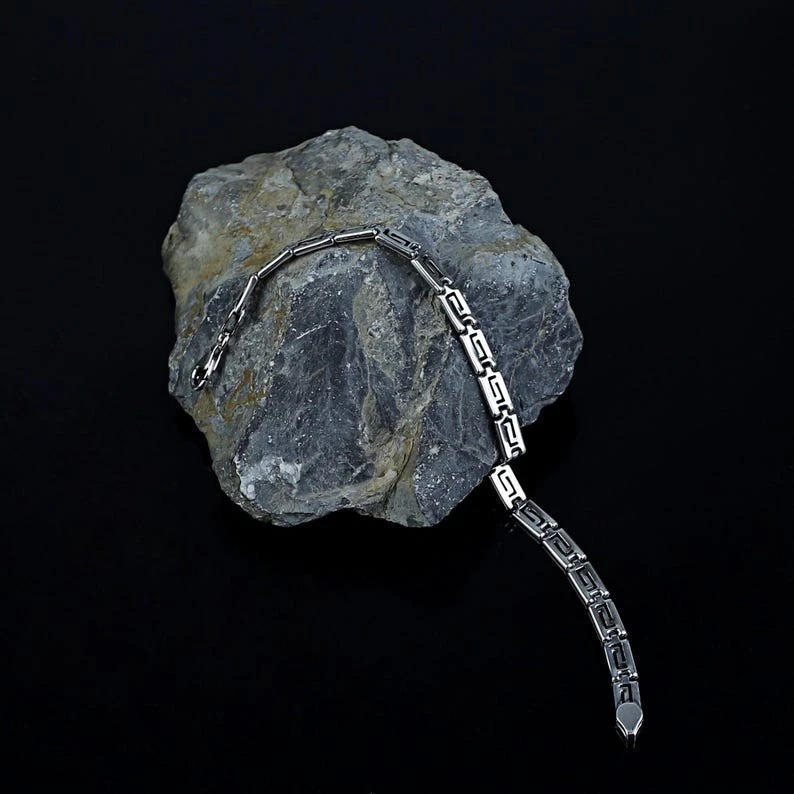 Silver Greek Key Chain Bracelet, Ancient Greek Chain Link Bracelet - Image 4 of 4