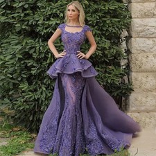 Lavender Mermaid Prom Dresses Bateau Neck Cap Sleeves Lace Applique Evening Gown