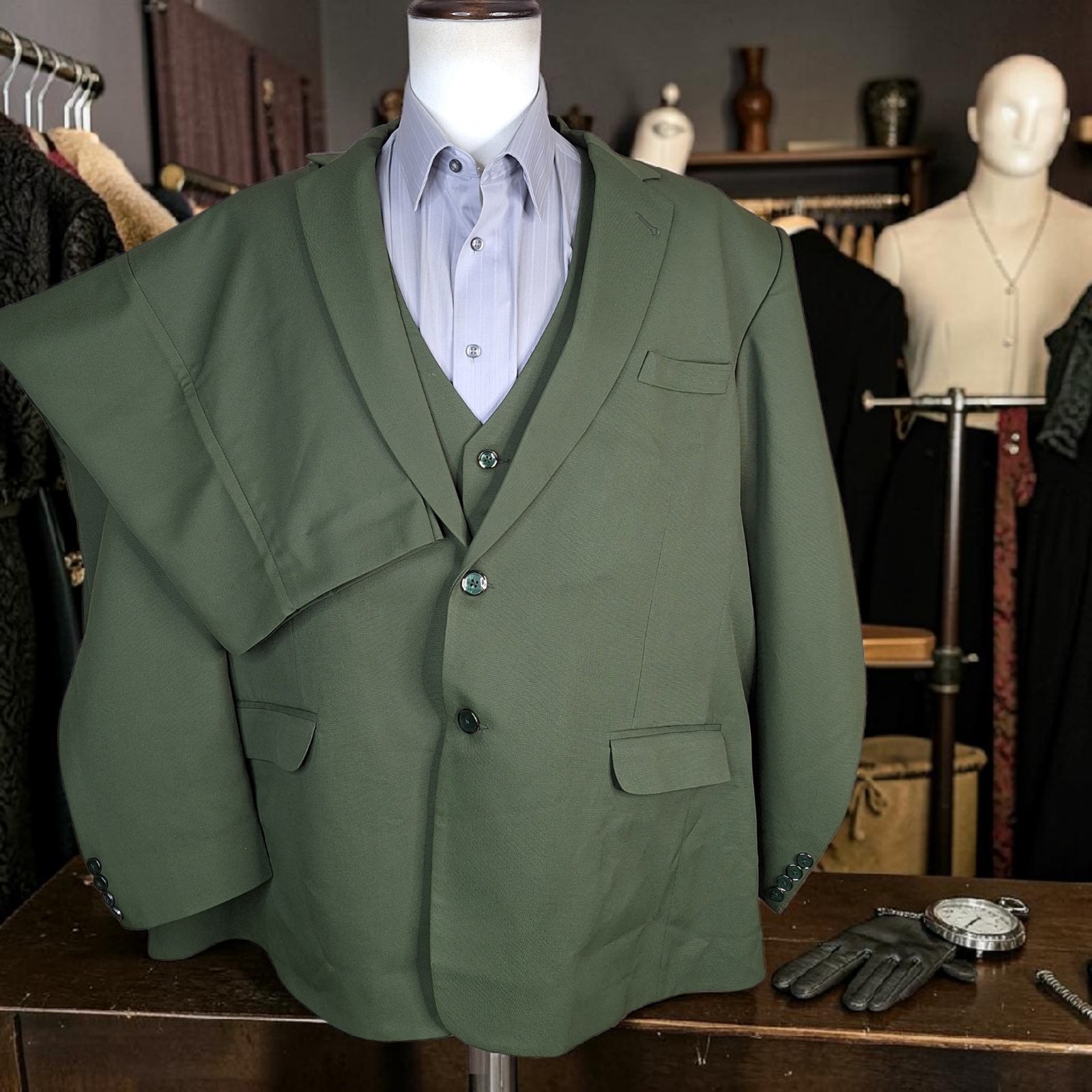 Custom Tailored Unbranded 3 Piece Suit Mens 56R 52X27 Green Double Vented
