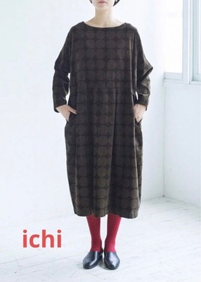 ICHI Antiquités Corduroy Long Dress Brown Dot Pattern Tuck Design Good Condition