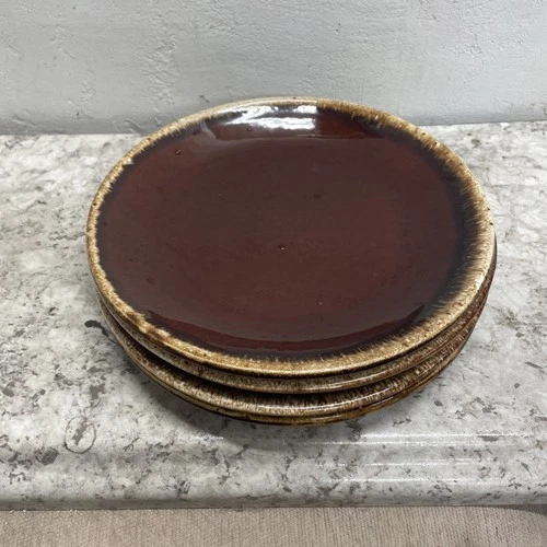 Vtg  MCM Hull Pottery Brown Drip 10 1/2" Plates Set of 4 Oven Proof USA Nice