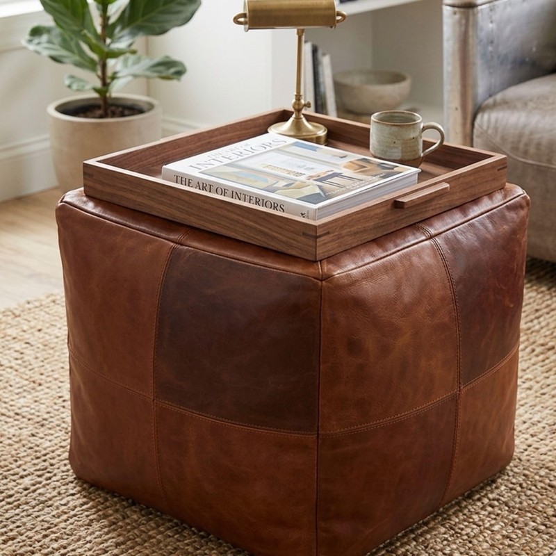 Square Leather Pouf Moroccan Genuine Goatskin Leather