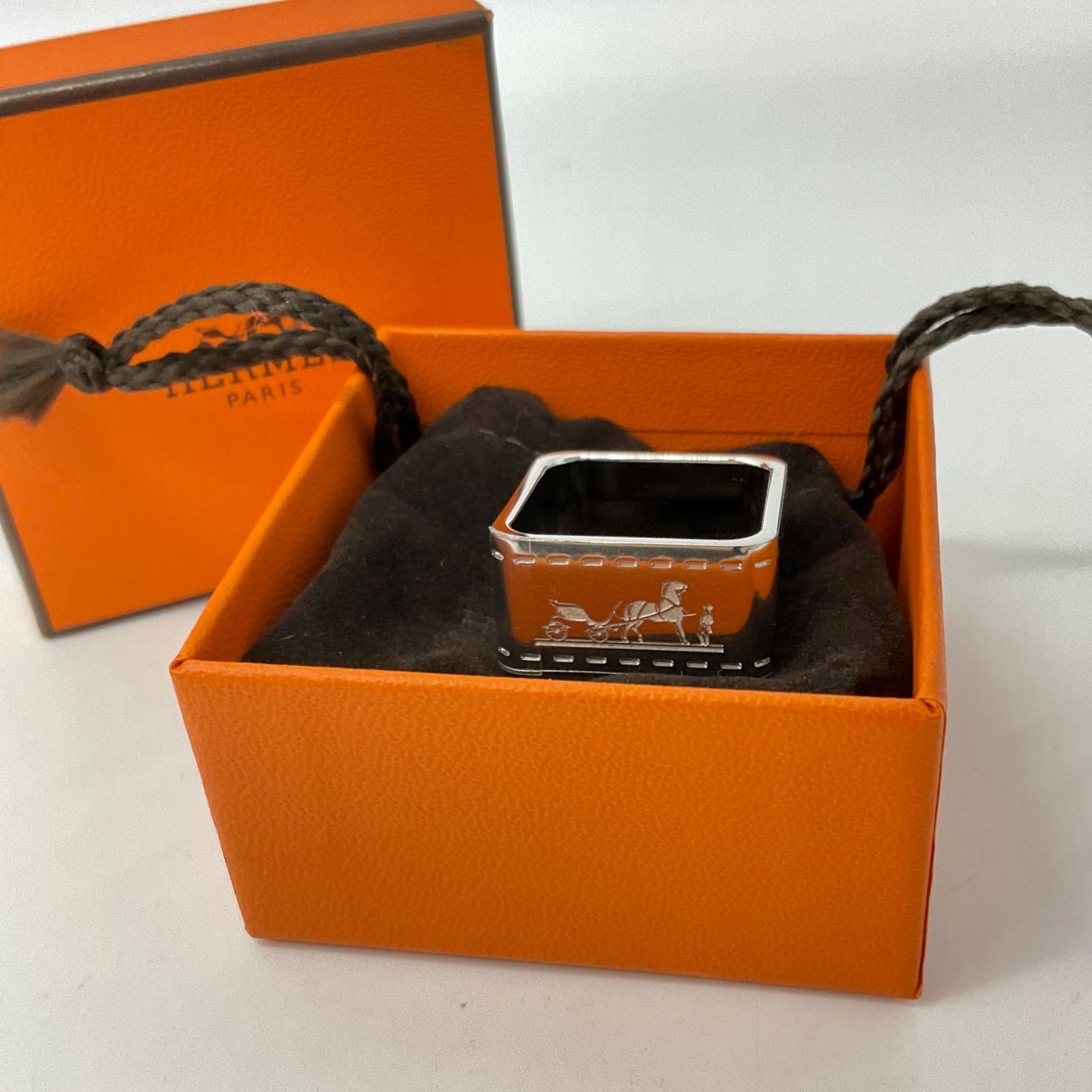 HERMES Scarf Ring Borducq Carriage Pattern Silver Plated Accessory Jewelry Small