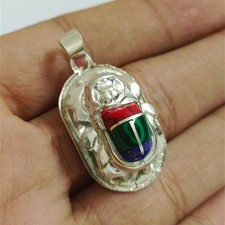 Vintage Egyptian Scarab Pendant 925 Sterling Silver Handmade Gemstone Necklace