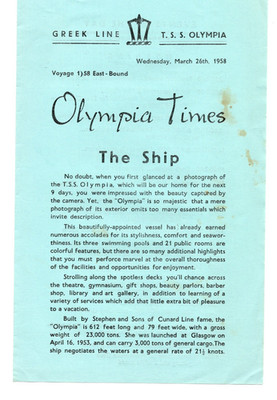1950s - T. S. S. Olympia Greek Lines Newspaper March 26 Cruise Ship - XL2B