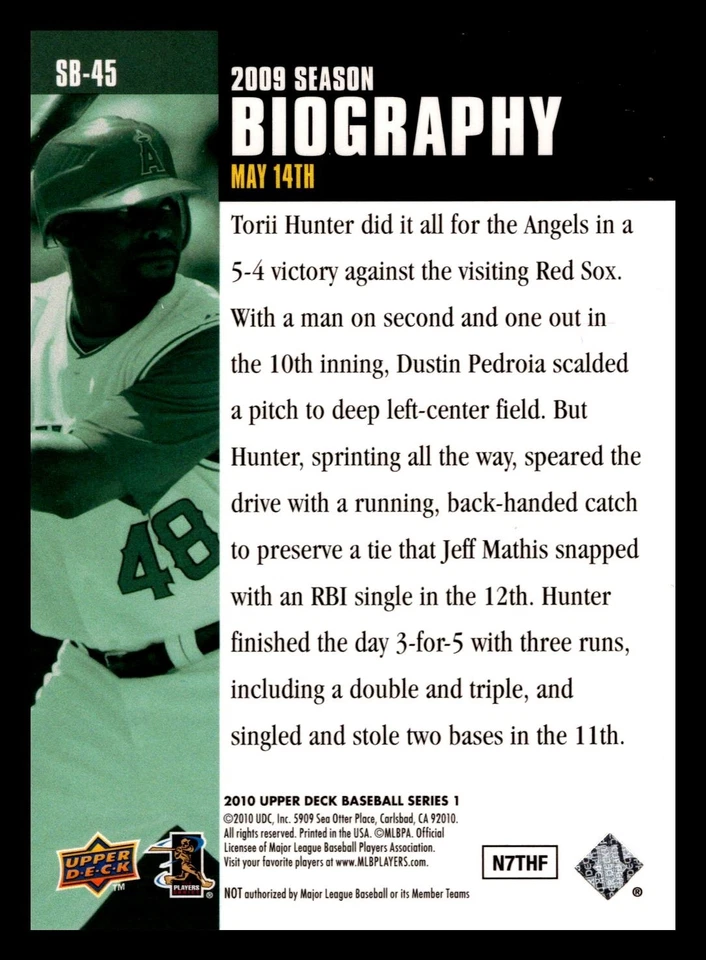 2010 Upper Deck Season Biography Torii Hunter #SB-45 - Image 2 of 3