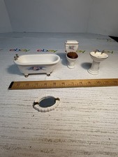 Vtg Dollhouse Miniature 1:12 Bathtub Sink Toilet mirror Porcelain Bathroom Set 4