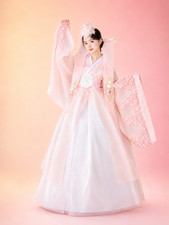 Women's Pink White Sheer Korean Hanbok Jeogori Chima Set One Size