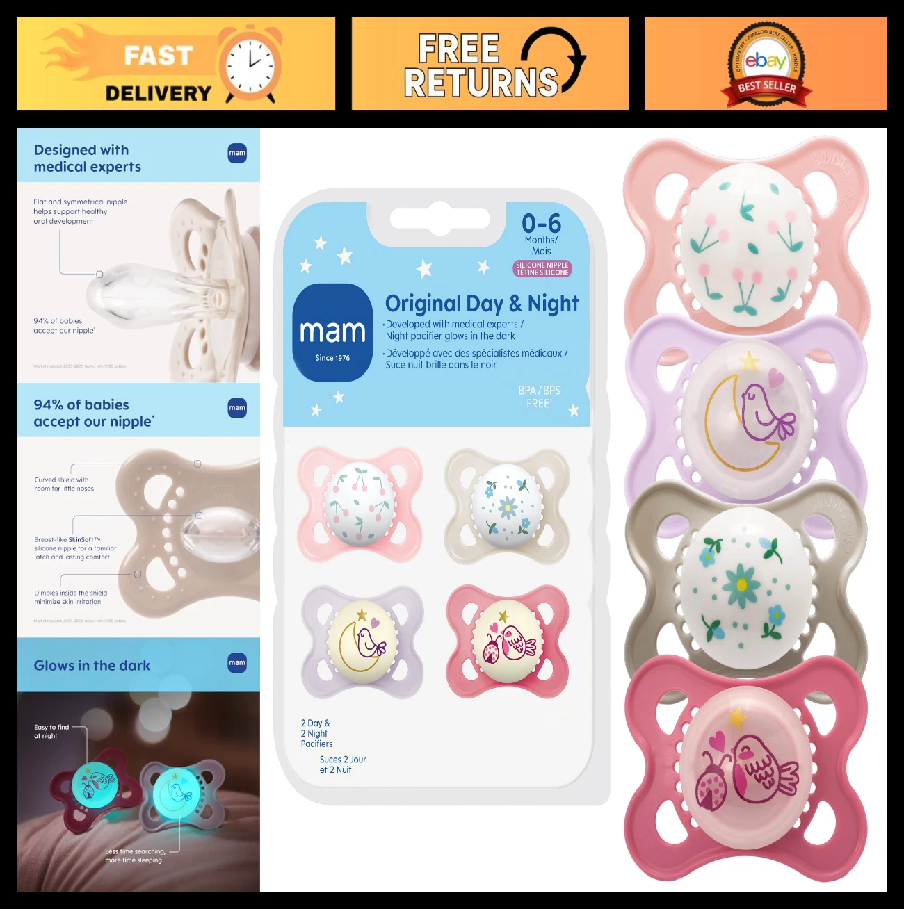 Baby Pacifiers 0-6 Months, BPA-Free Soft Silicone, Glow in the Dark, 4 Pack with