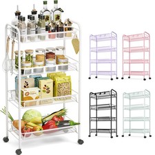 4Tier Metal Rolling Utility Cart With 3 Hooks Mobile Storage Trolley On Wheels