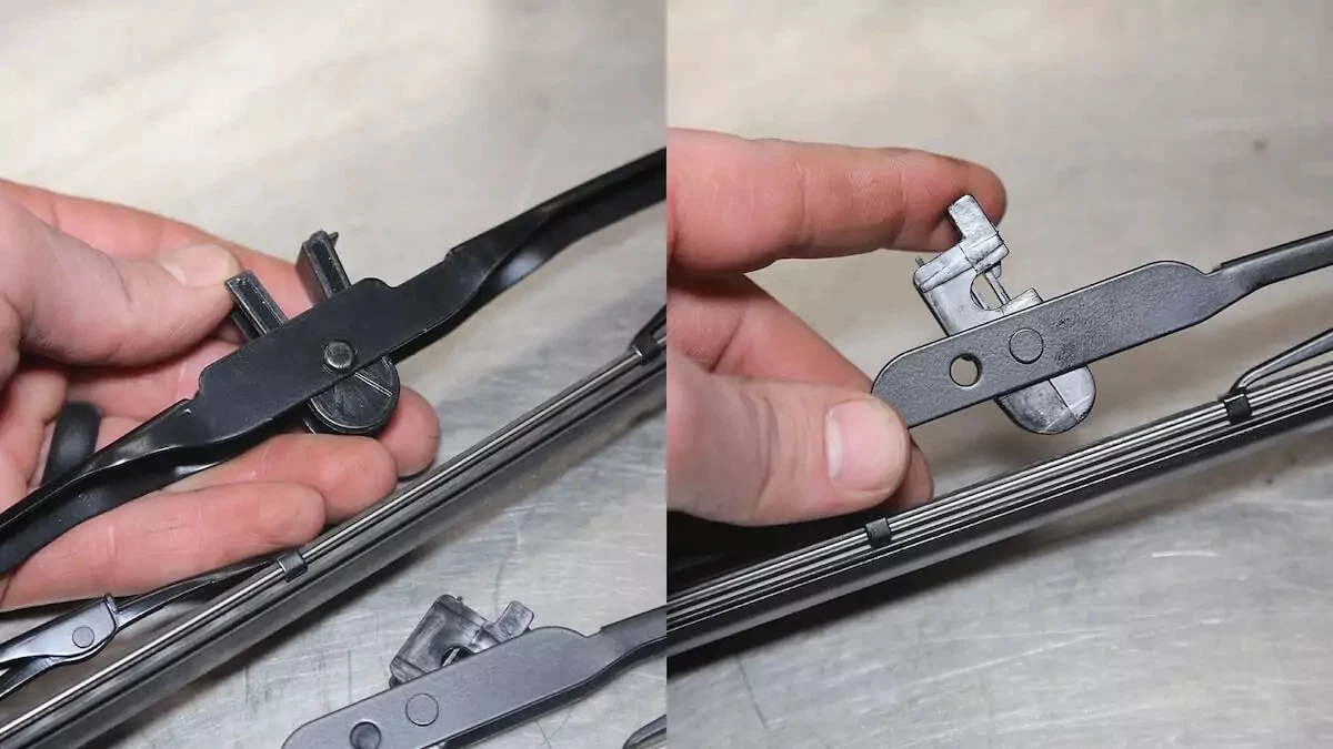 A U-shaped wiper blade clip (left) and a single-pin wiper blade clip (right).