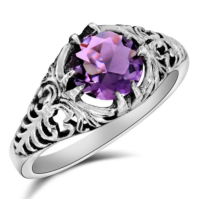 2CT  Amethyst 925 Solid Sterling Silver Victorian Ring Sz 6 F5-2