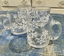 Lot of Large Made in USA Clear Glass White Snowlakes Coffee Cup Mug Winter