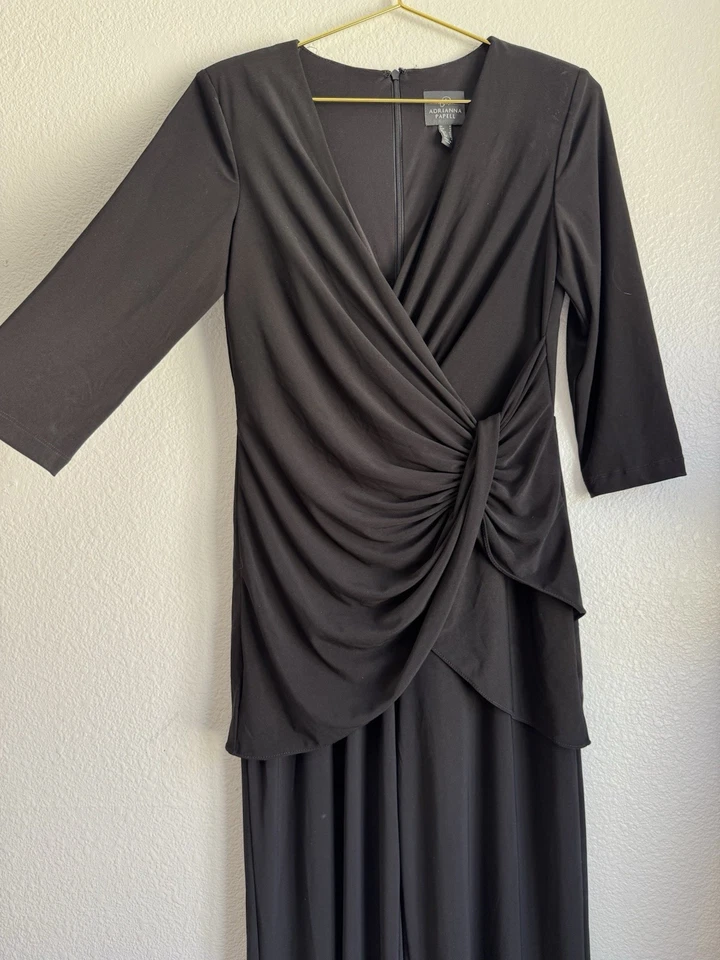 Adrianna Papell Women's Surplice-Wrap Zip Jumpsuit Black Wide Leg Preppy Sz: 4/S - Image 2 of 4