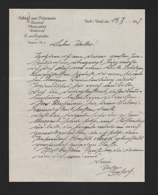 FÜRTH, Brief 1917, E. von Grafenstein Schleif-Polierwerke Annaheid