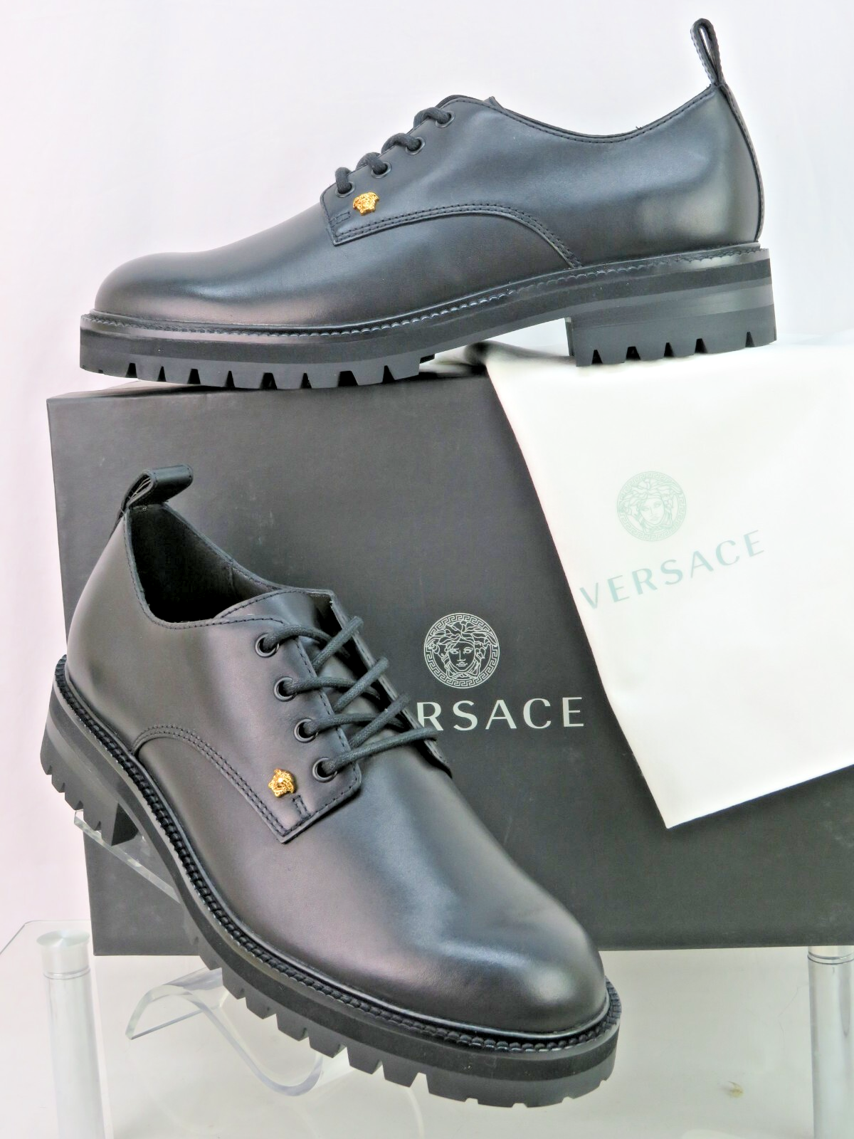 SAOLA SUOLA OXFORDS NUOVA CON SCATOLA VERSACE PELLE NERA ORO LOGO MEDUSA DERBY LUG 44 11