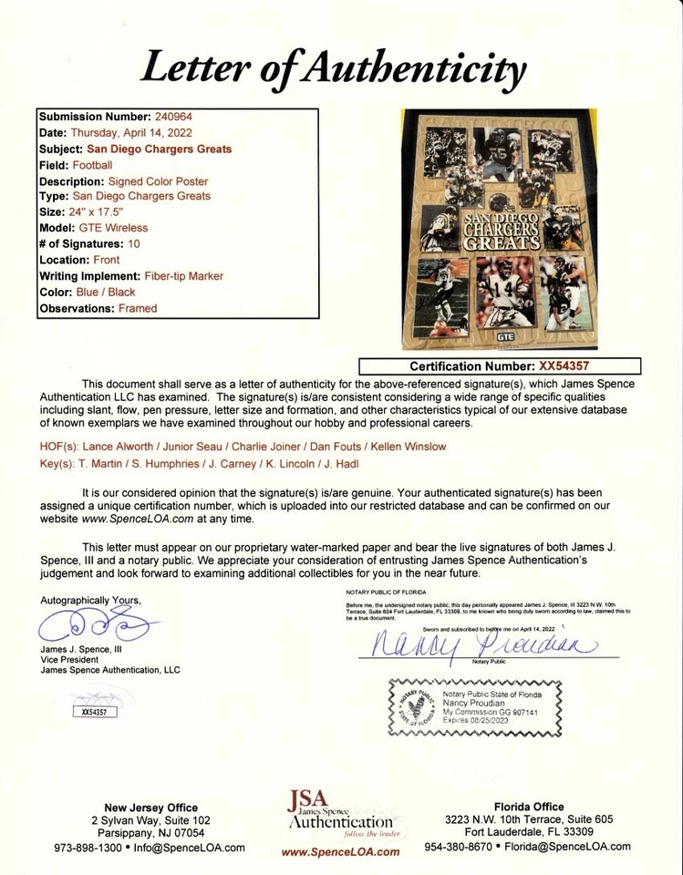 Chargers Greats signed poster framed Lance Alworth Junior Seau Fouts Winslow JSA - Image 2 of 2