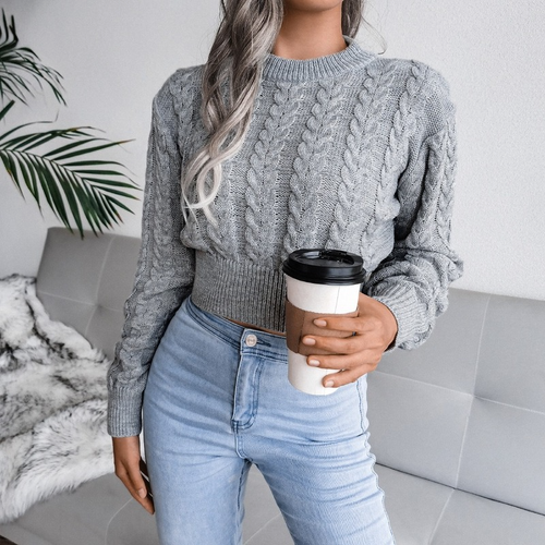 Women Cable Knit Sweater Cropped Jumper Pullover Top Long Sleeve Winter  Warm | eBay