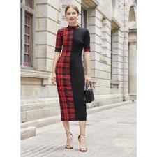 Shein Black & Red Plaid Mock Neck Split Hem Pencil Dress Size XS