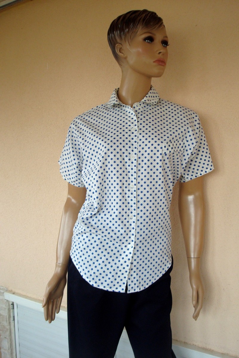 TOP CHEMISIER A PETIT POIS BLEU MARINE BLANC COL CLAUDINE T 40