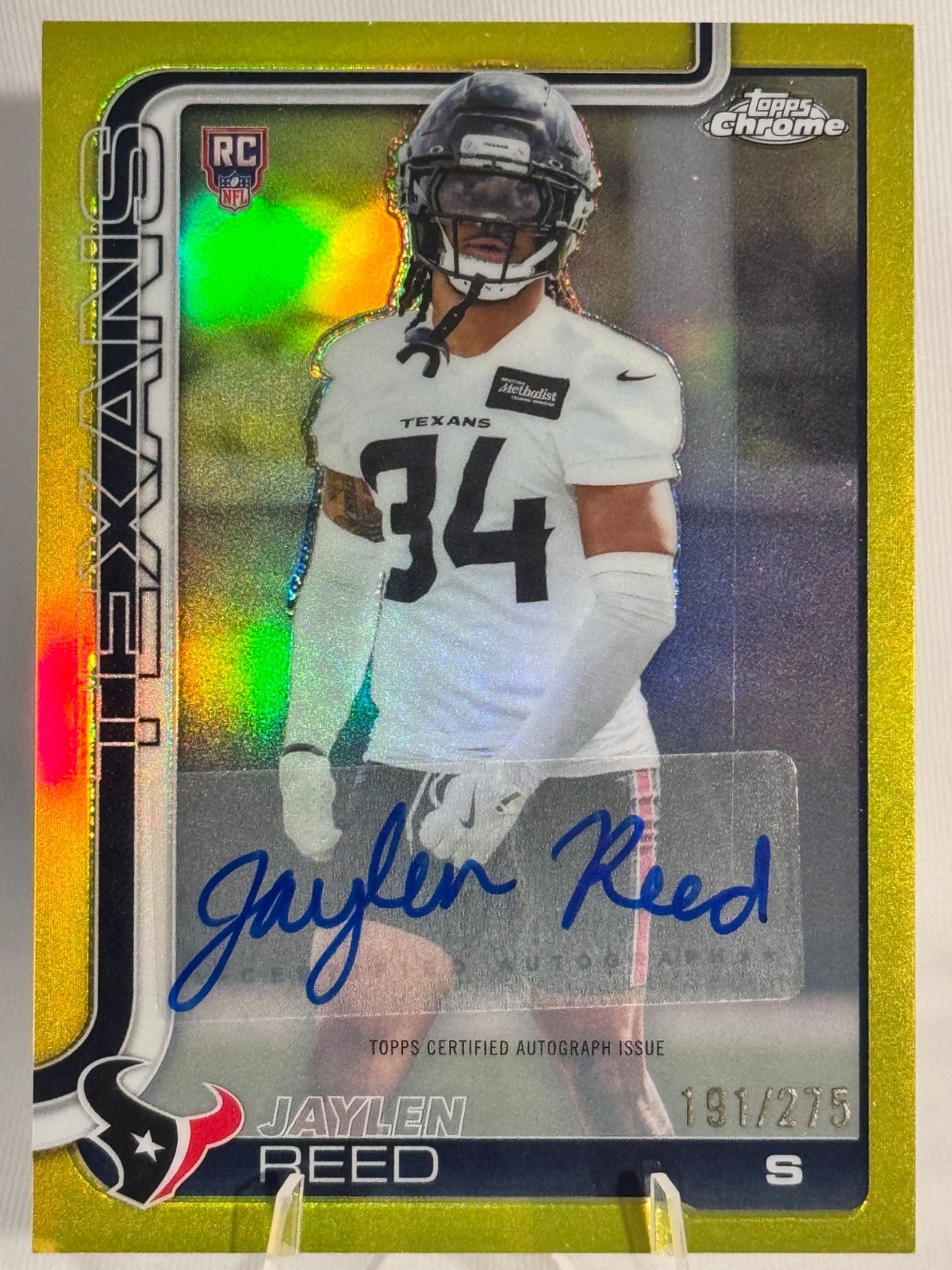 Jaylen Reed 2025 Topps Chrome #RA-JR Yellow Refractor Rookie Auto /275 Texans