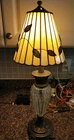 Vintage Tiffany Style brass lamp leaded stained glass vine shade Approx 24" x 8"
