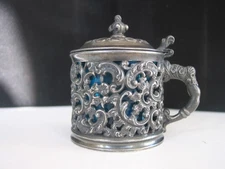 Pairpoint Mfg Silver Quadruplate Condiment or Mustard Jar Blue Glass Liner #4160