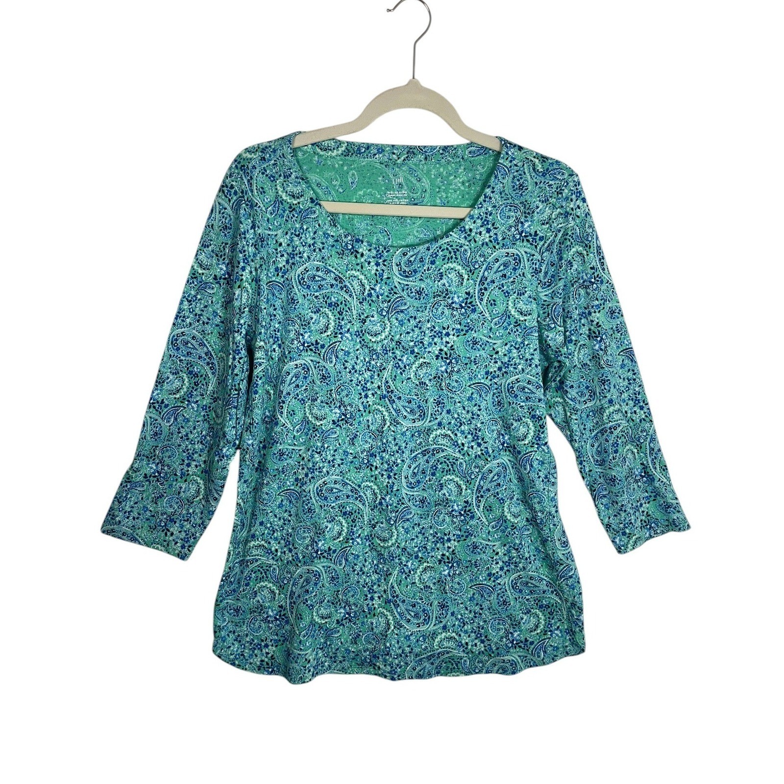 J.Jill Large Pima Cotton Paisley Scoop Neck Tee 3/4 Sleeve Blue Green Floral