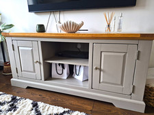 Grey Wood TV Stand with Oak-Effect Top, 2 Doors, Open Shelf