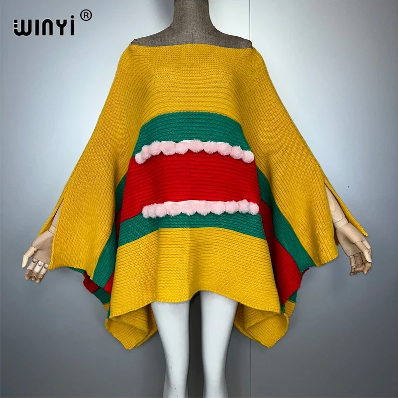 Yellow Warm Cape Boho Poncho Warm Jumper Stripe Mini Dress Yellow Drape Sweater