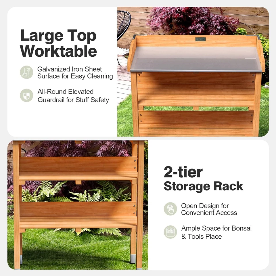 Banco para Macetas de Jardín, Mesa para Estación de Trabajo de Madera Exterior con Mesa de Acero Galvanizado Foto 2 de 4