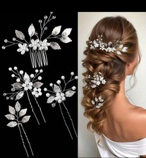   Wedding Hair Pins Set   4 pcs - Silver Leaves  Pearls   Bridal Accessories
