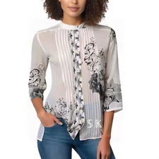 CITRON SANTA MONICA Silk Cotton Tunic Top Ivory Black Floral Sheer Pleated sz M