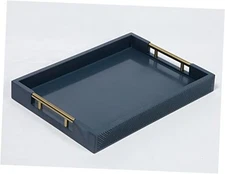 Serving Tray with Polished Metal Handles, 16.5''x12'' Rectangle Coffee Blue