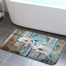 Farmhouse Floral Flower Bath Mat, Teal Daisy Rustic Wooden Plank Country Barn