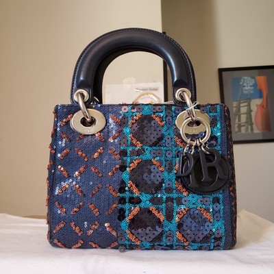 $7500 Lady Dior Esprit Tokyo Black Orange Blue Teal Sequin Silver hw Mini Bag 