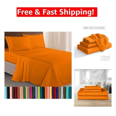 Softest Microfiber 4-Piece Bed Sheet Set - Full, Vibrant Orange with Embroidery