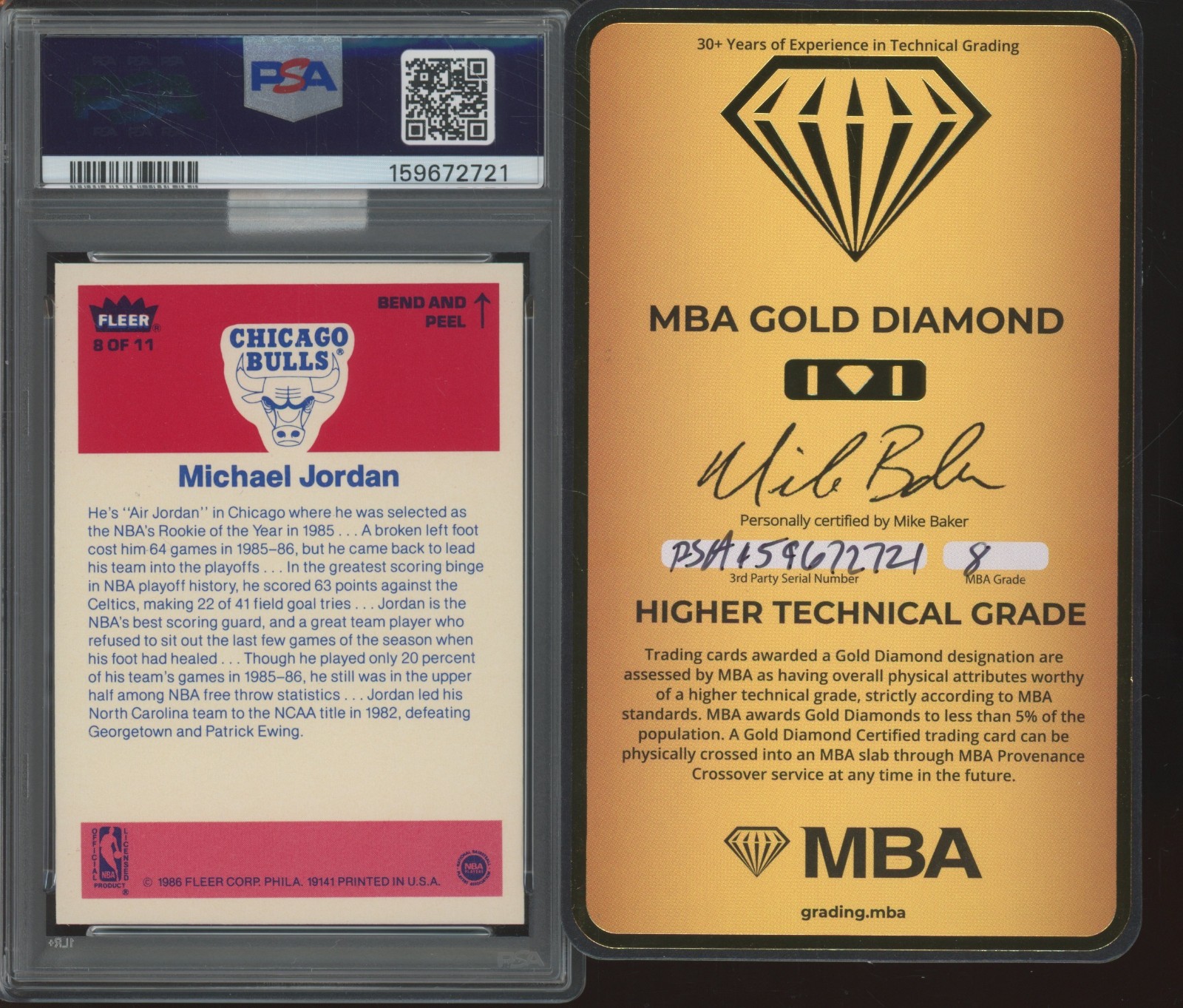 1986 Fleer Sticker #8 Michael Jordan RC Rookie MBA Gold Diamond NM PSA 7 view 2