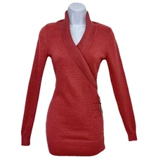 Bebe Y2K Pink Metallic Sweater Woman XS Shaw Collar Long Sleeve Buckle Retro