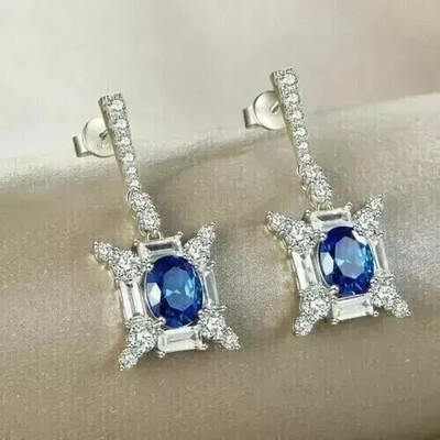 2Ct Oval Cut Simulated Blue Sapphire Drop Dangle Earring 14K White Gold Plated