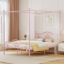 Full Canopy Bed Frame with Headboard and Footboard, Four-Poster Metal Canopie...