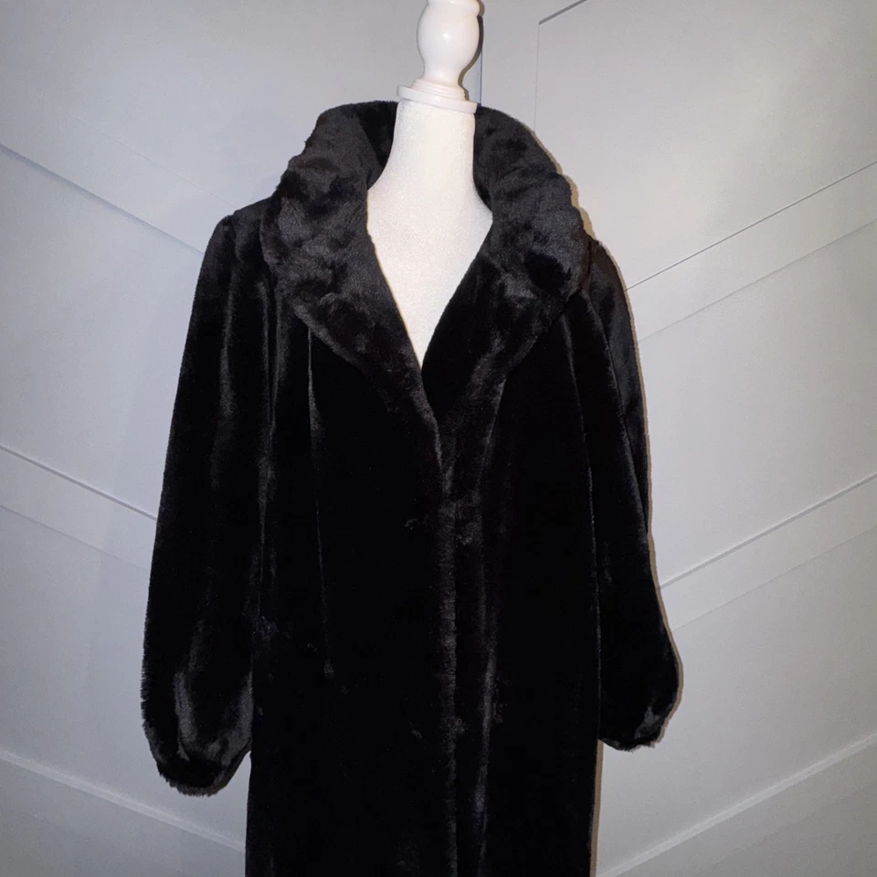 Vintage Steve by Searle Black Faux Fur Stand Collar Full Length Coat Size Large - Image 4 of 4