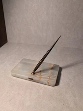 Vtg.~ Sheaffer Lifetime White Dot Desk Fountain Pen Set Alabaster &14K Gold Nib