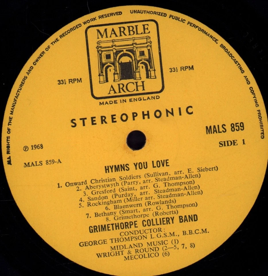 MALS859 Grimethorpe Colliery Band Hymns You Love LP vinyl UK Marble Arch 1968 - Image 3 of 3