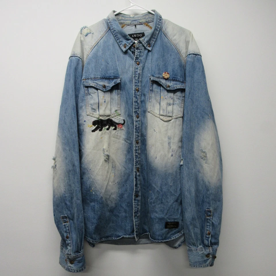 Akoo Black Cats WWII Bomber Distressed Denim Embroidered Collared Shirt sz 3XL - Image 2 of 4