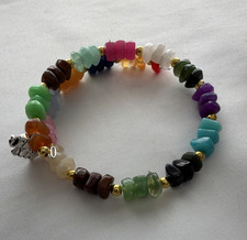 Multicolor Beaded Stone Bracelet with Dangle Charms, Chip Shape, Handmade