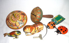 Lot of 7 Vintage Tin Toys Cat Bird Lady Bugs Top Holiday Ringer Tank