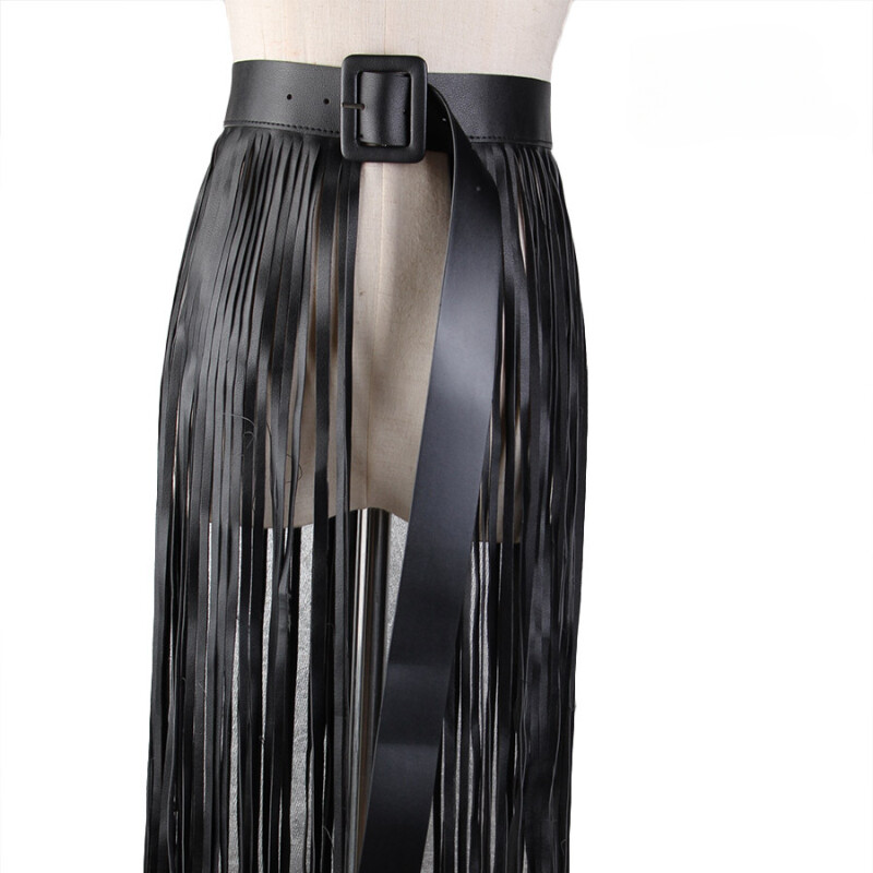 Women Faux Leather Tassel Skirt Waist Belt Long Fringe Waistband